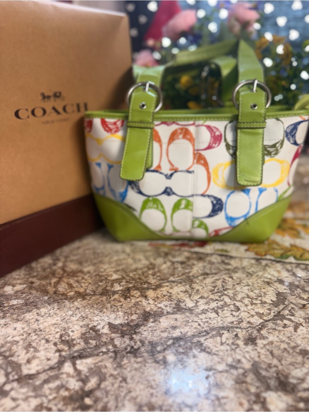 Coach Multicolor Signature Canvas Tote with Lime Green Trim